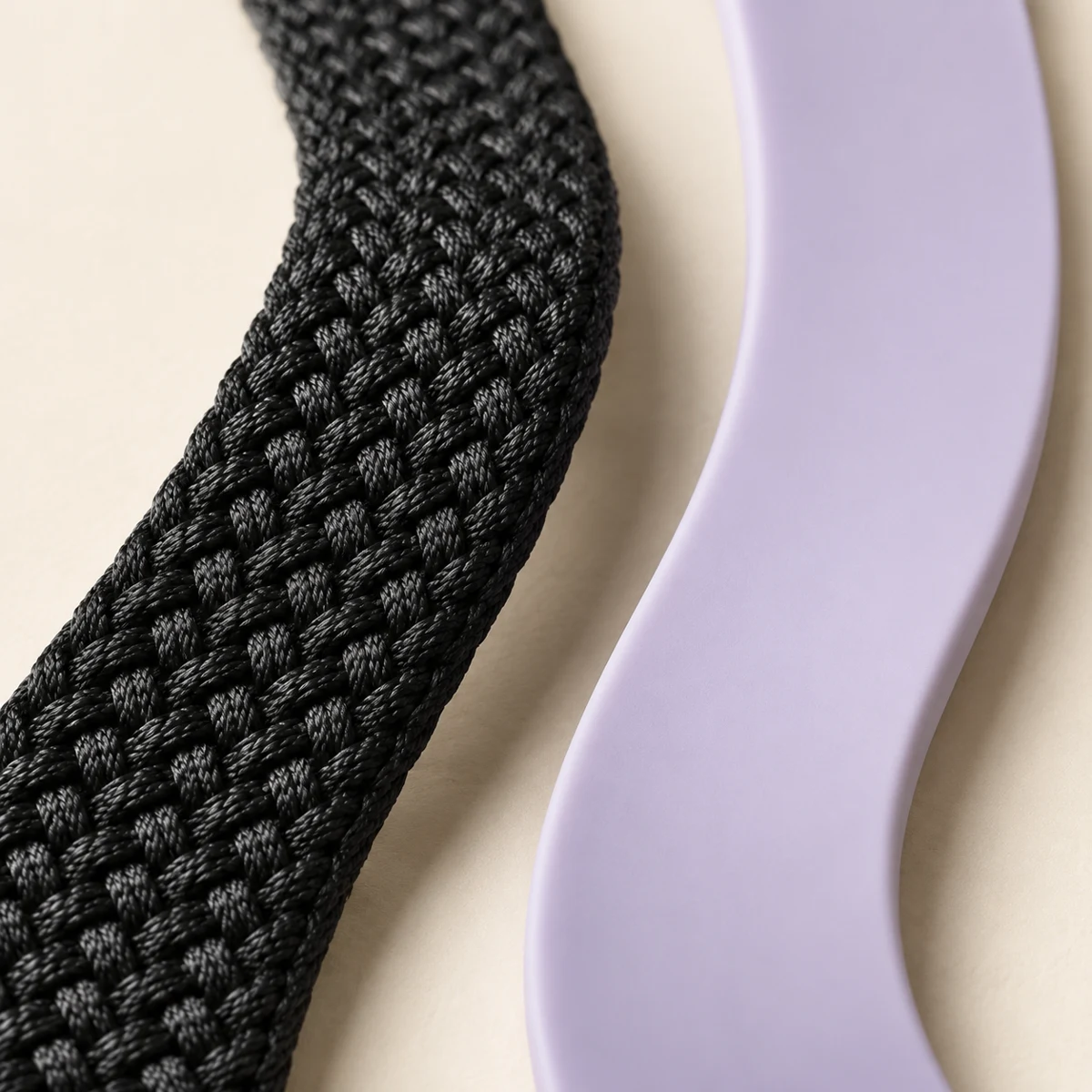 Close view of braided nylon and smooth silicone strap materials